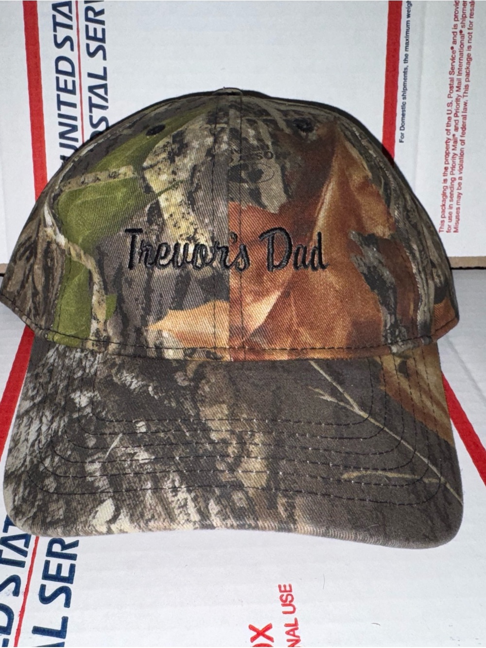 Trevor's Dad ? Camouflage Baseball Cap Camo dad Hat mossy oak breakup ivory Vtg